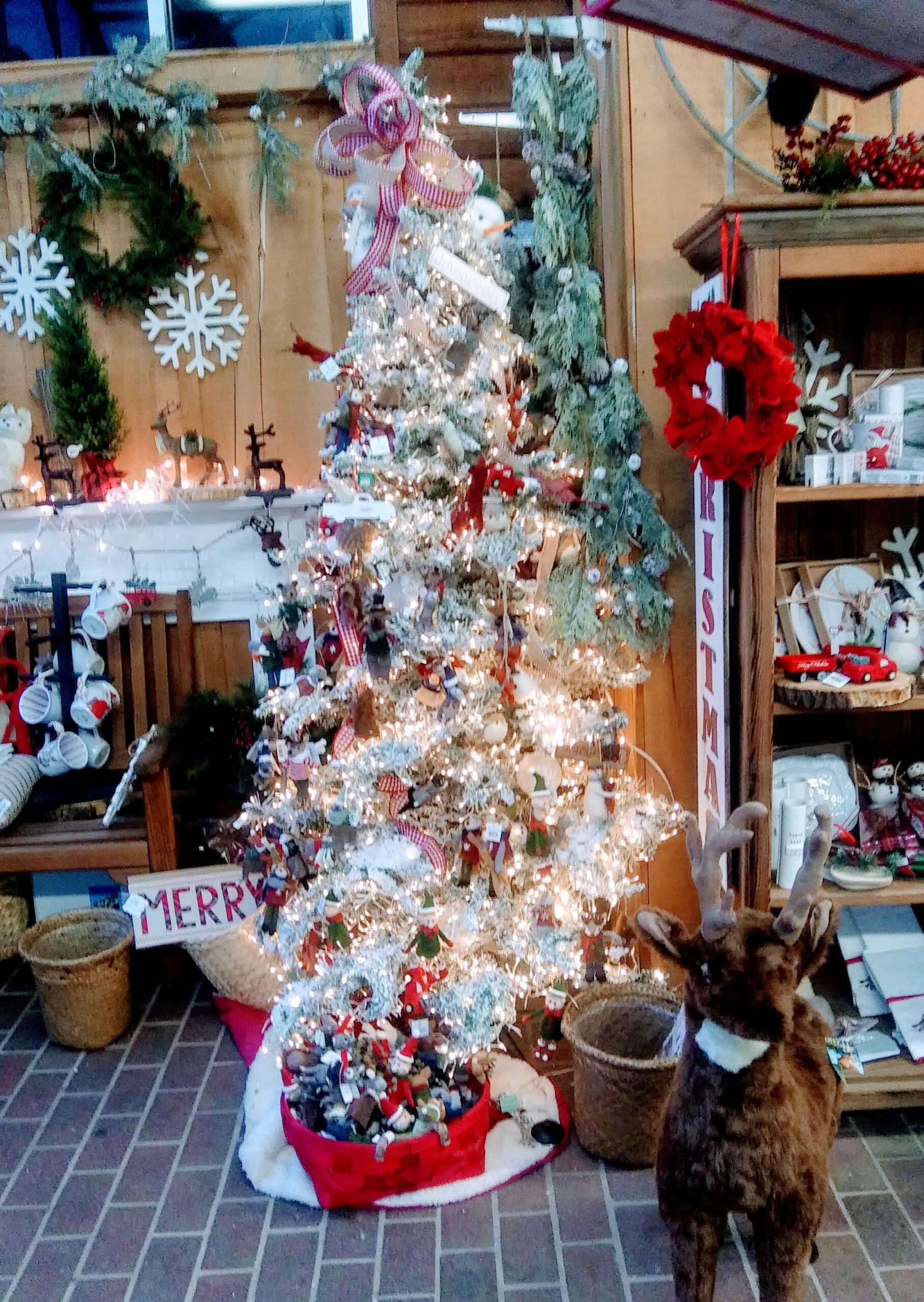 Snowy White Christmas Tree with Gingham Red Checked Ribbon