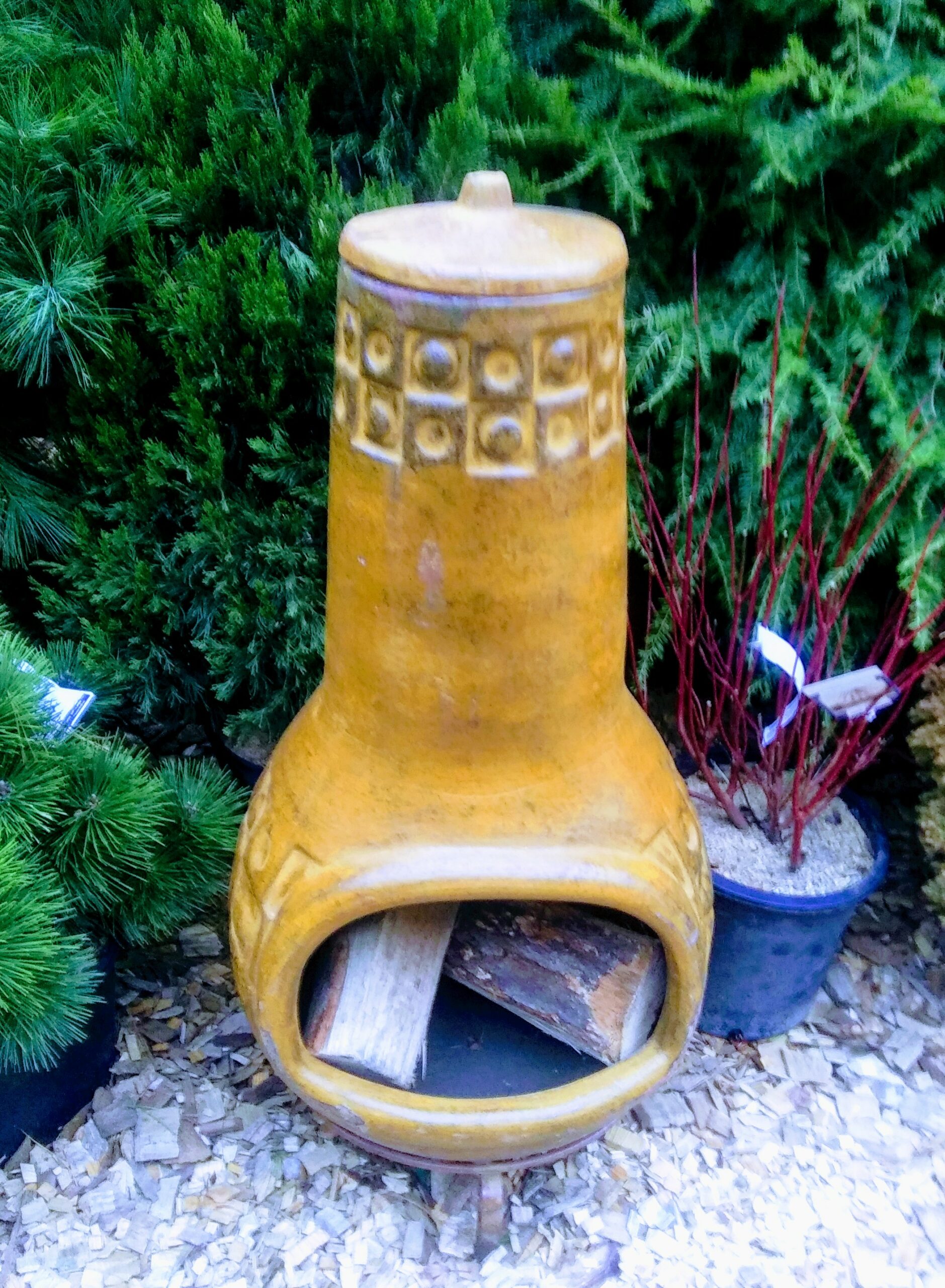 Clay Chiminea with Pressed Circle and Square Design Feature