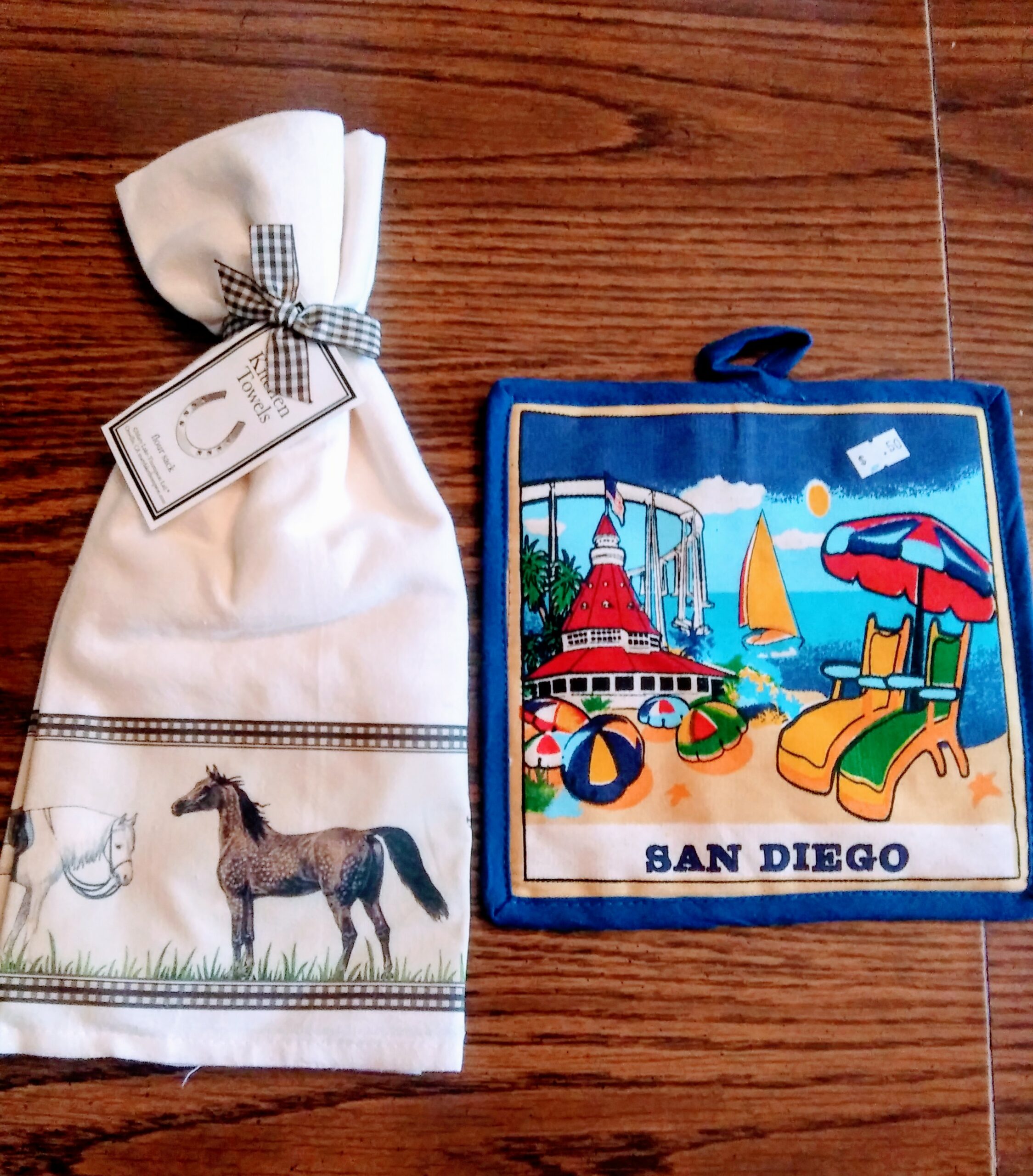 Two Flour Sack Kitchen Towels and a San Diego Pot Holder