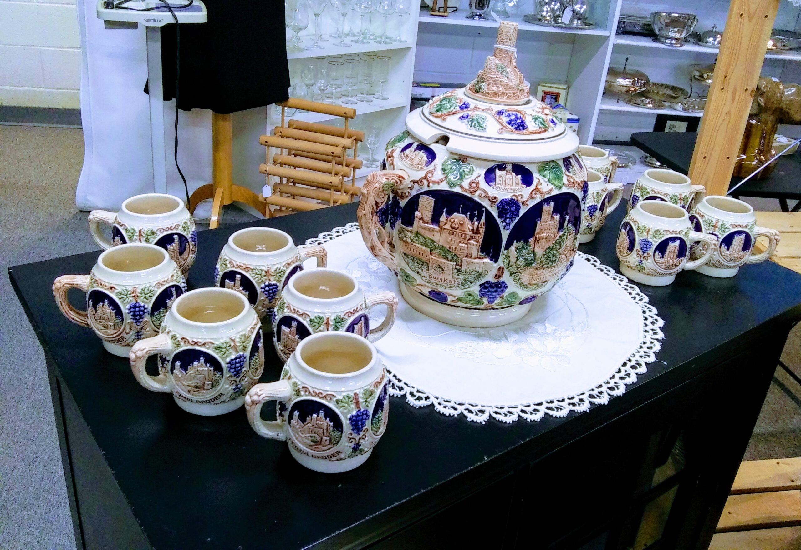 german Rhein Castles Cider Punch Lidded Bowl Tureen and Mugs