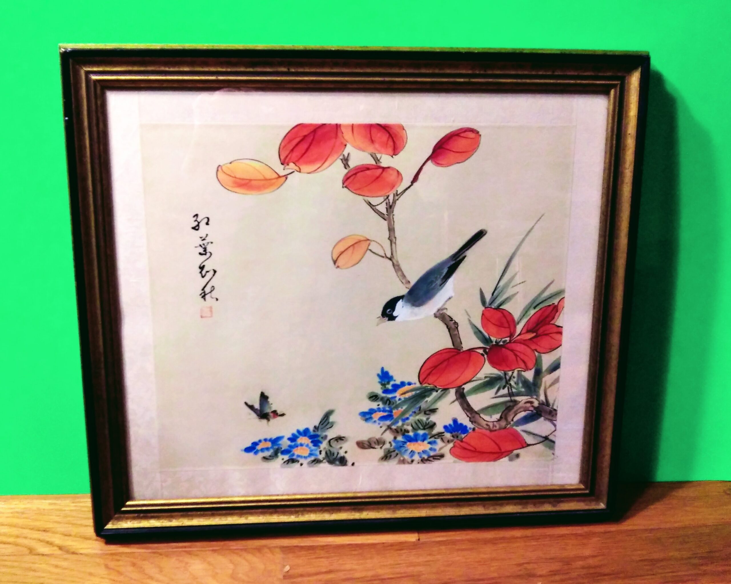 Japanese Painting of a Bird on a Branch Painted on Silk