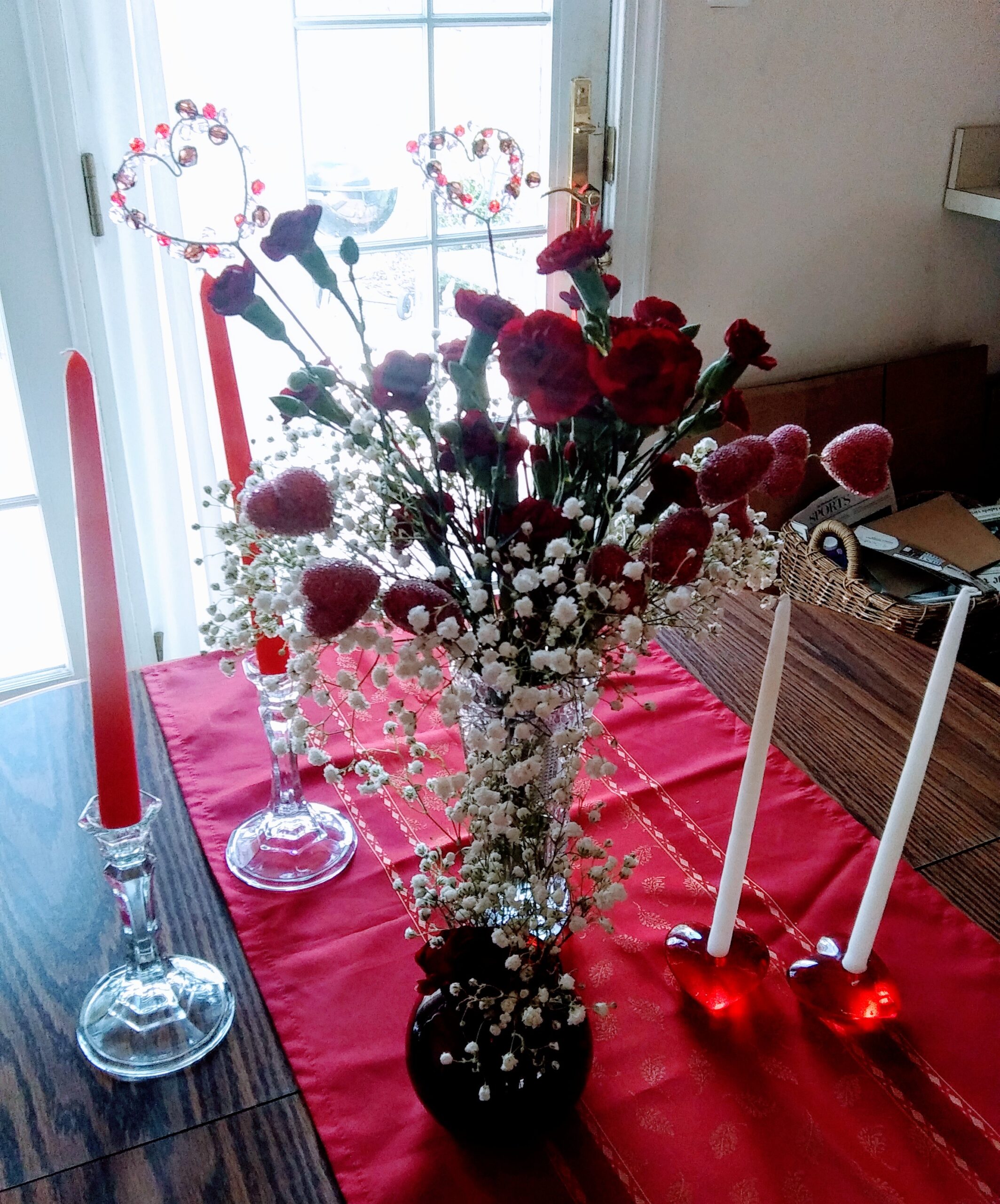 Valentine's Day Table Setting with Red Table Runner