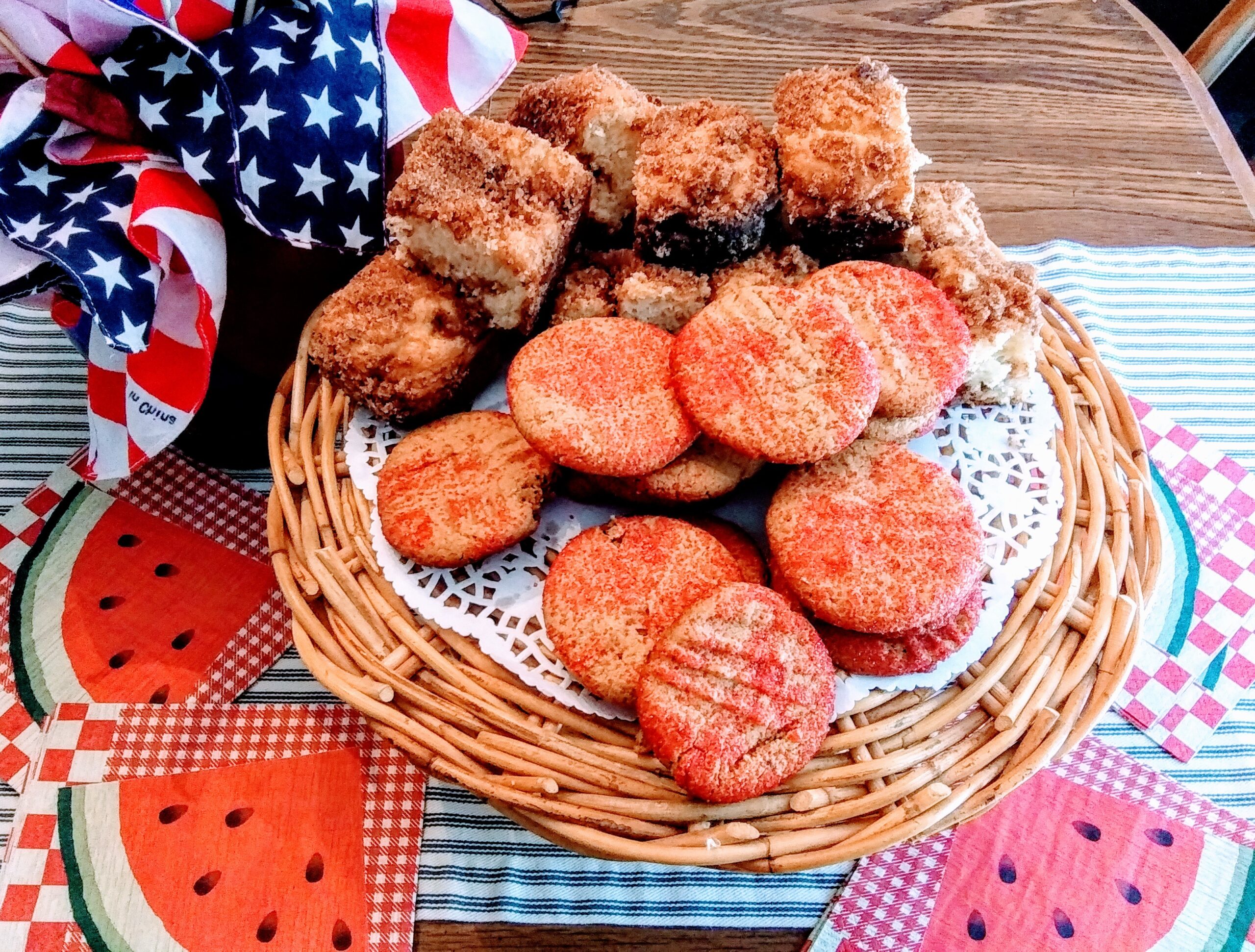 Peanut Butter Cookies Dusted with Red Sugar and Coffee Cake