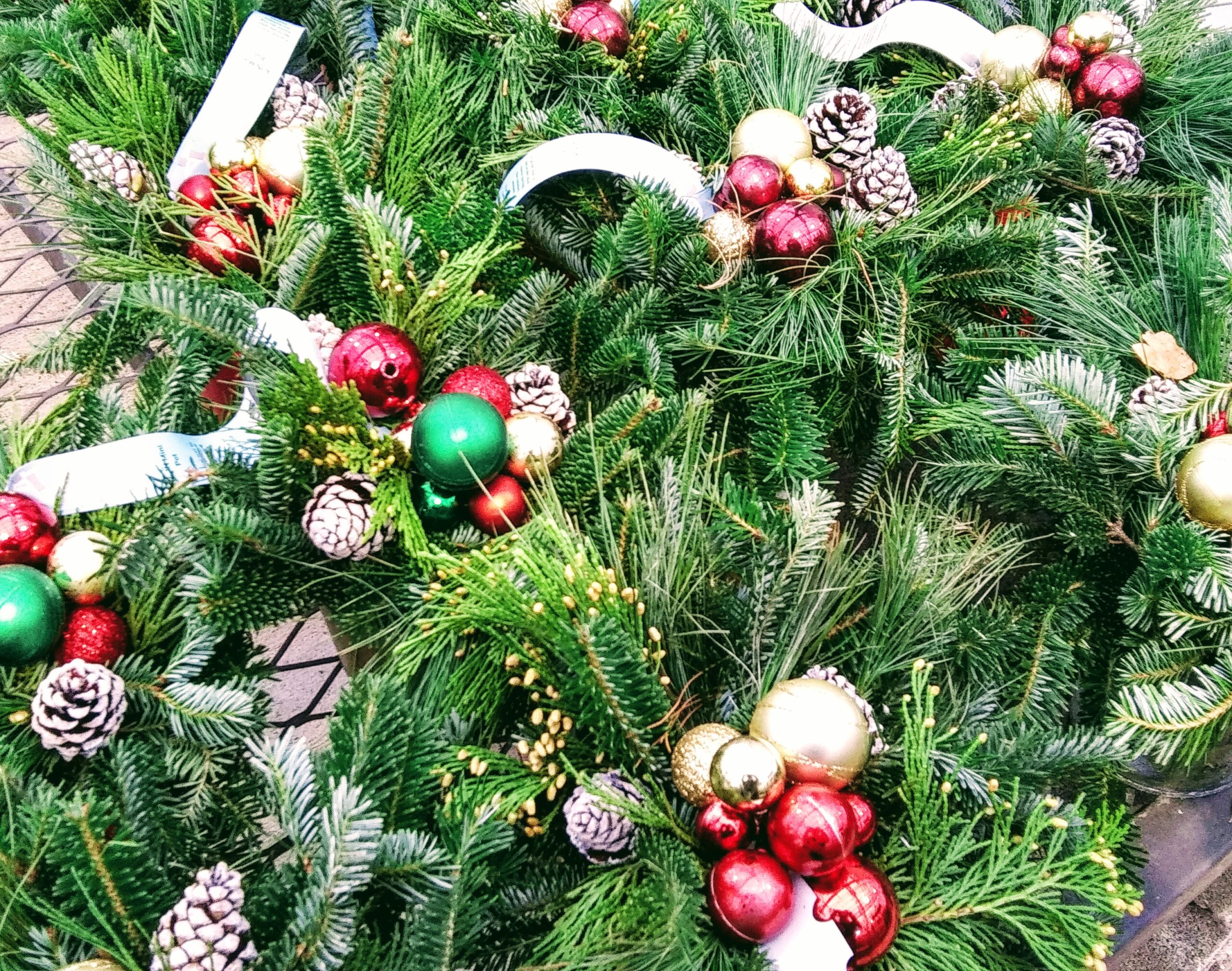 Fresh Greenery with Red and Gold Bulbs