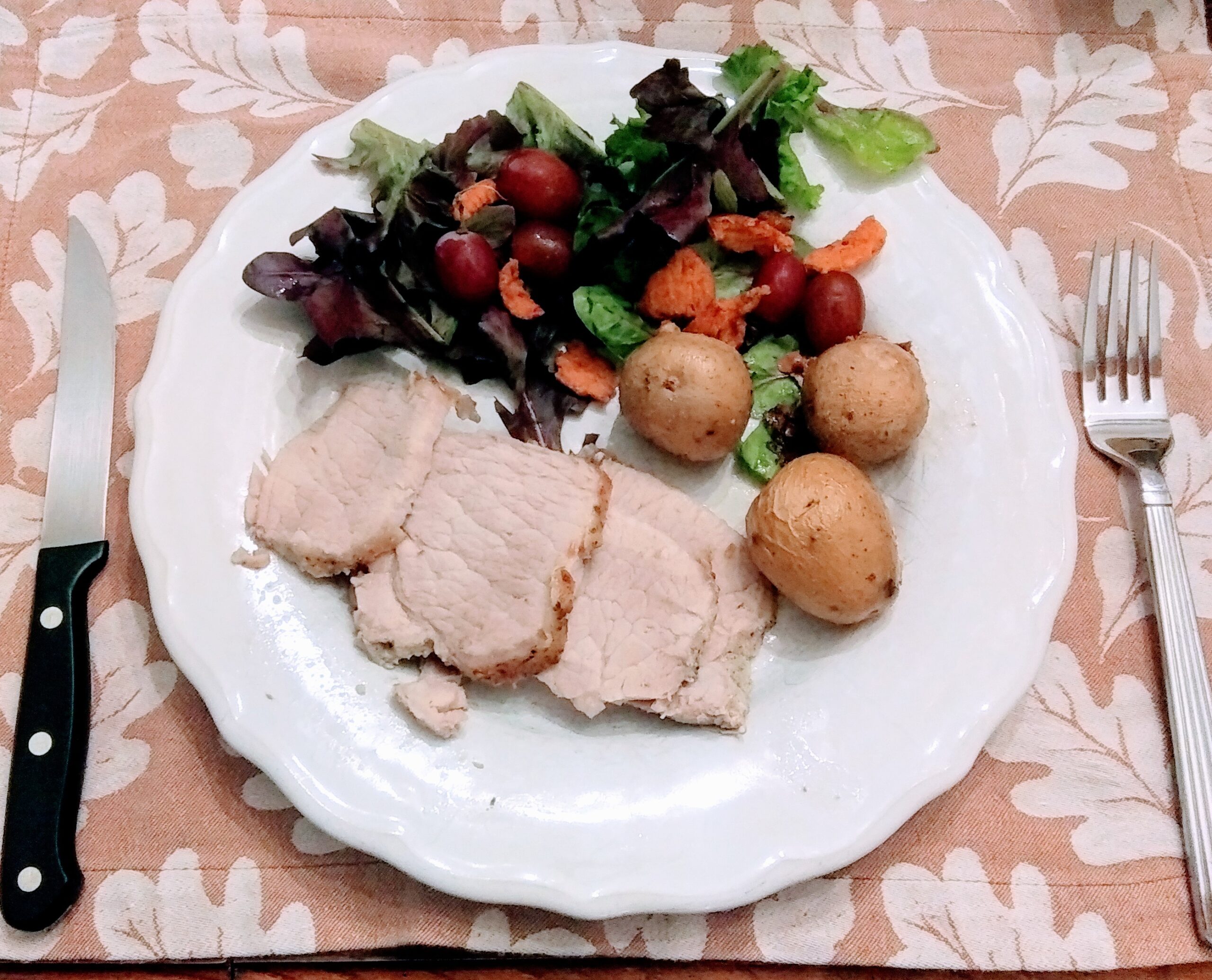 Pork Loin Roast with Golden Potatoes and Salad