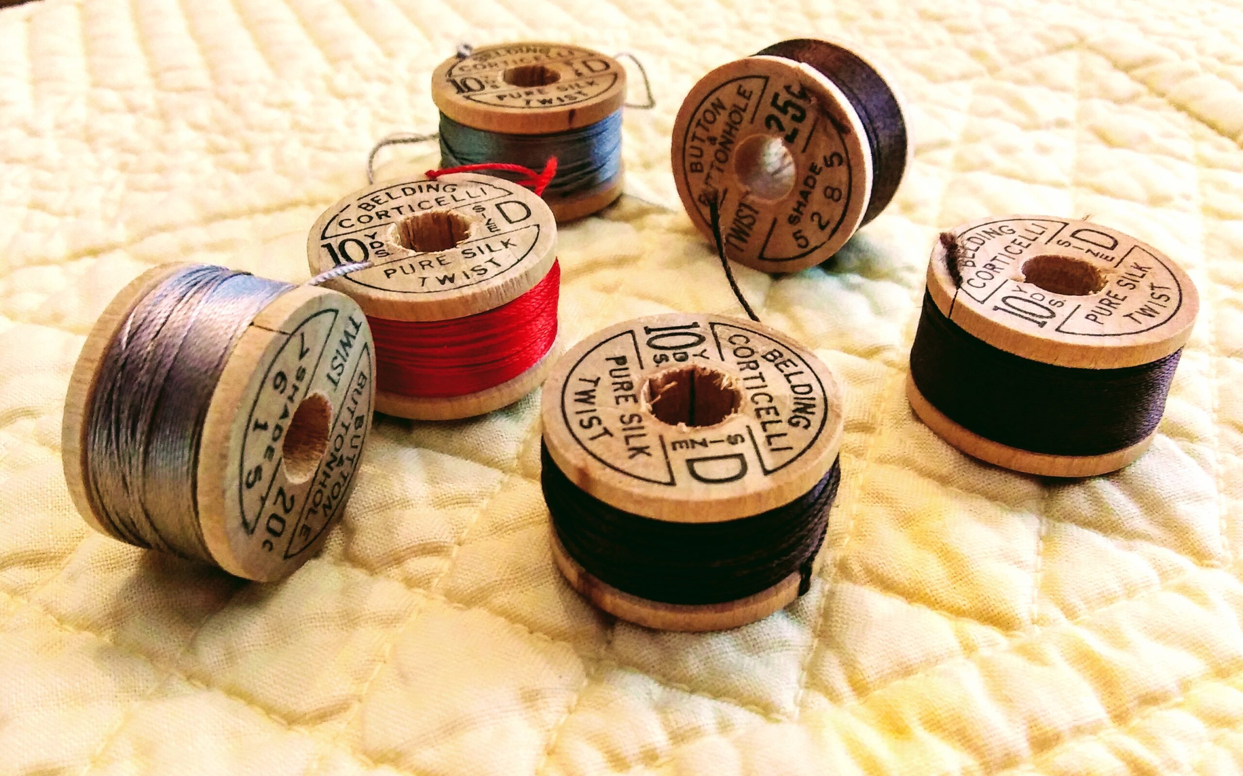 Six Wooden Spools of Corticelli Pure Silk Twist Thread