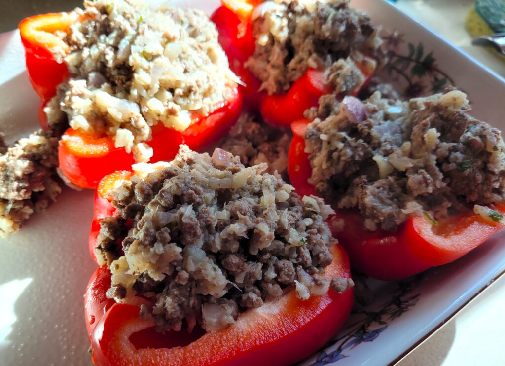 Stuffed Red Peppers Almost Ready for the Oven, 10-25-2023.